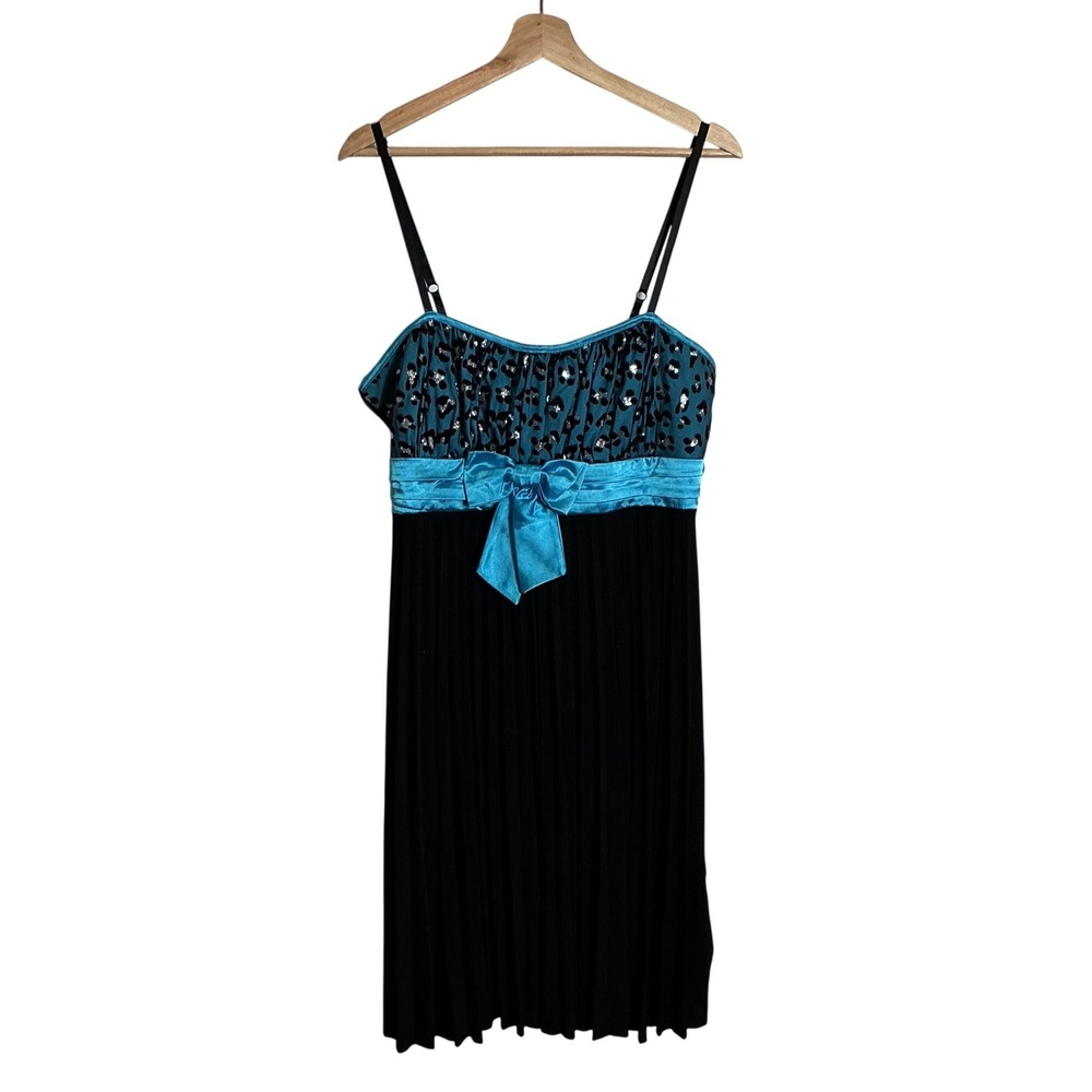 Taboo Womens 1X Teal Leopard Print Glitter Pleated Mini Dress Black USA Made